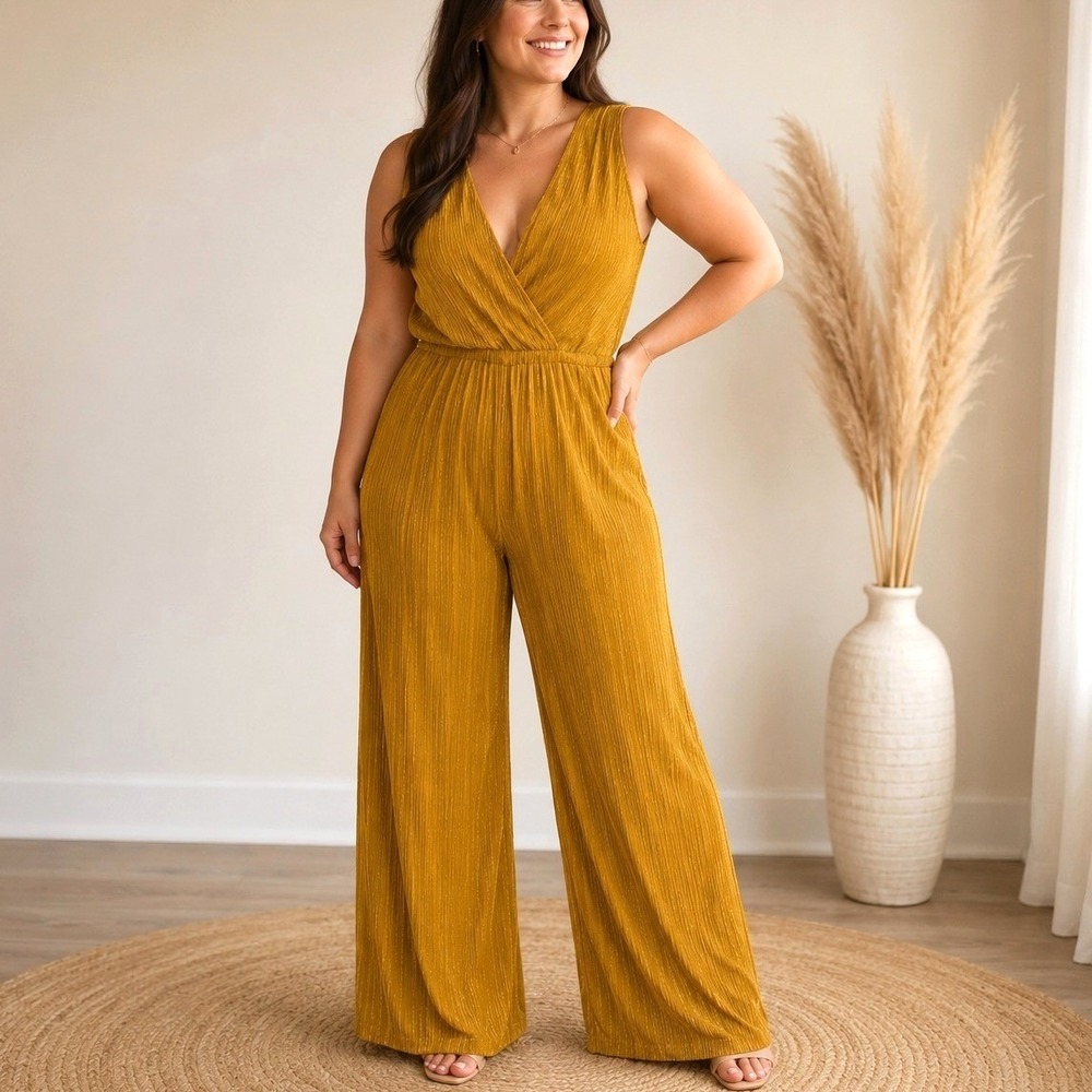 Lily Black Gold Mustard Metallic Wide Leg Jumpsuit Sleeveless L Disco Glam